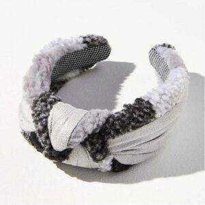 Anthropologie Black White Plaid Sherpa Fur Fuzzy Wide Knot Turban Headband